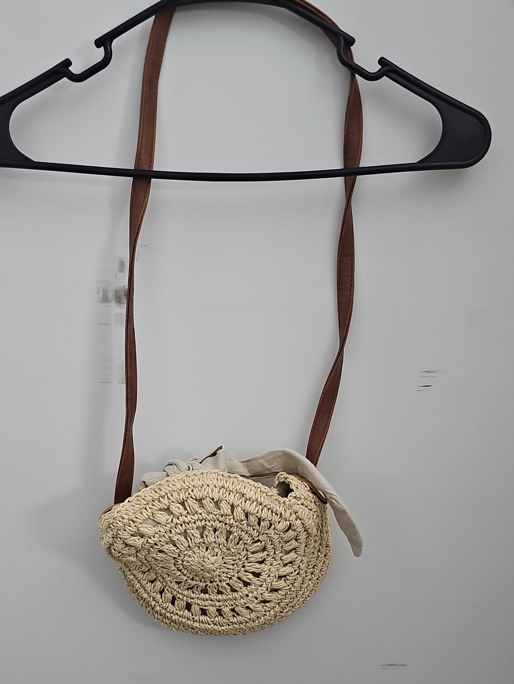 Handcrafted Beige Crochet Crossbody Bag with Brown Strap